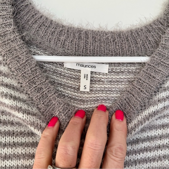 Maurice’s Fuzzy Gray & White Striped Sweater - Picture 2 of 3